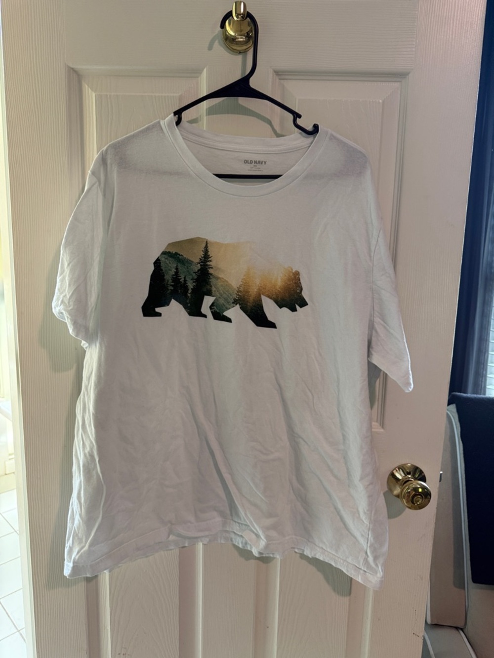 Old Navy White Graphic Bear Tee with Forest Print